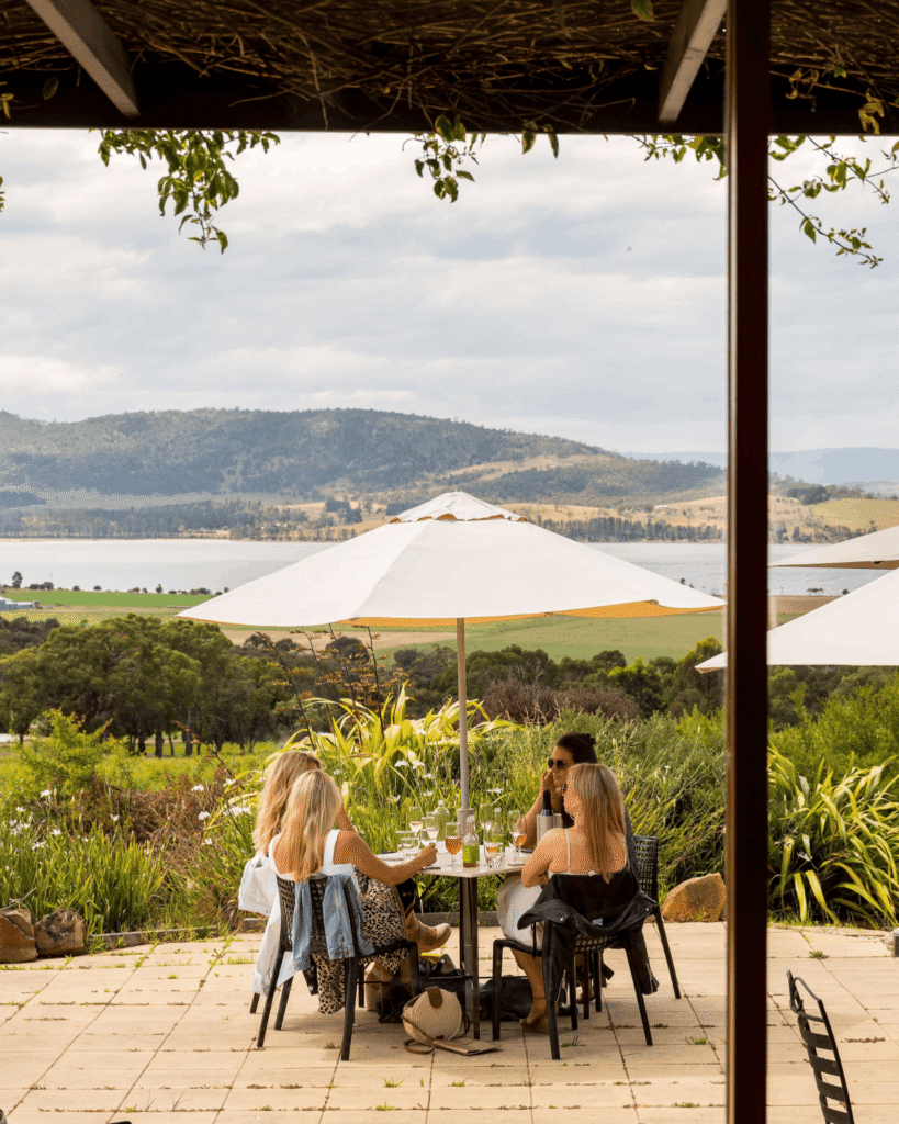 A small group of people are sitting outdoors enjoying wine with a beautiful landscape behind them